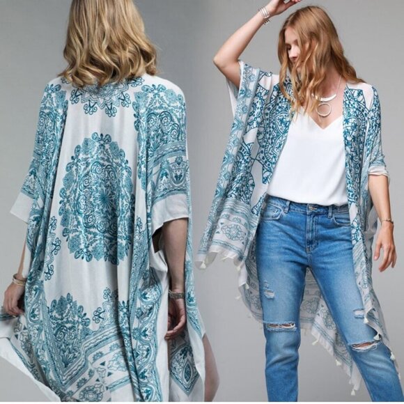 Ruggine OSFA Navy & White Gauzy oversized kimono Boho Chic Cover Up Beach - Picture 12 of 12
